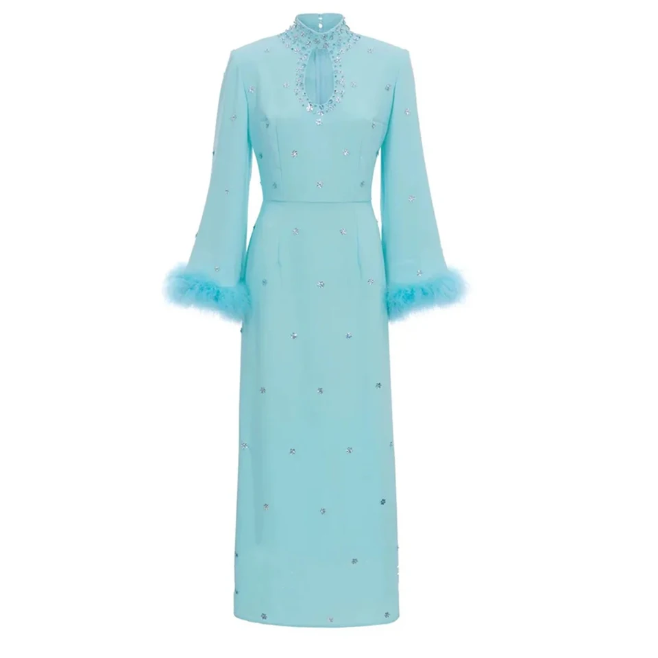 Arabská elegantná Dubaj Liz Pastel Aquamarine Feather-TRIMMed Formal Prom Party Gowns