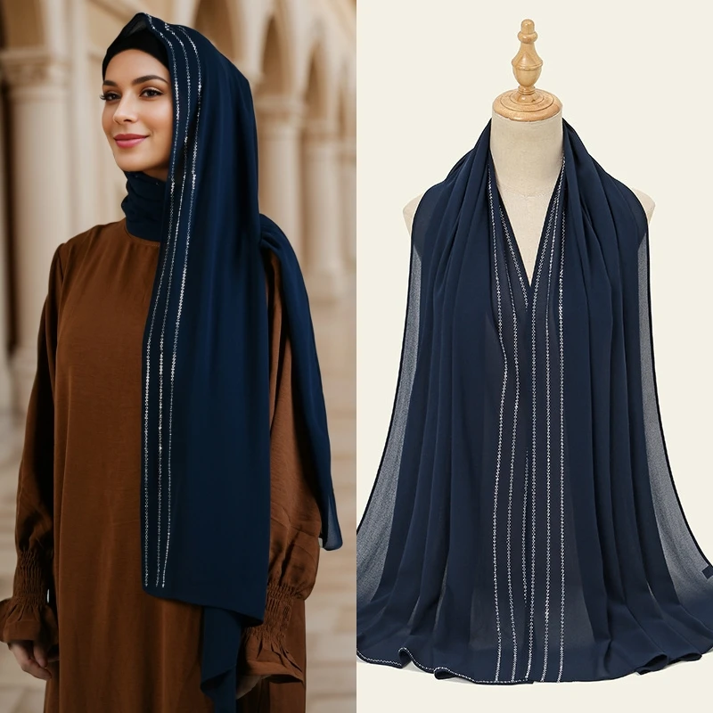Arabský islamský hidžáb Eid Ramadan Khimar Shawls Šifón Ženy zabaľujú vlasy dlhé šatky moslimské kamienky Turban