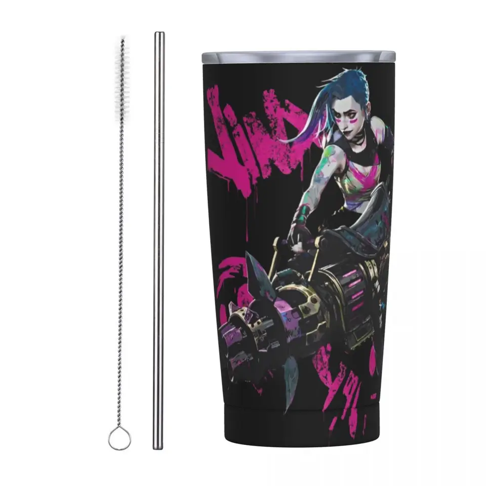 Arcane Anime Jinx Cool Izolovaný pohárik so slamkami z nehrdzavejúcej ocele tepelný hrnček s dvojitou stenou Thermos Fľašu šálky 20oz