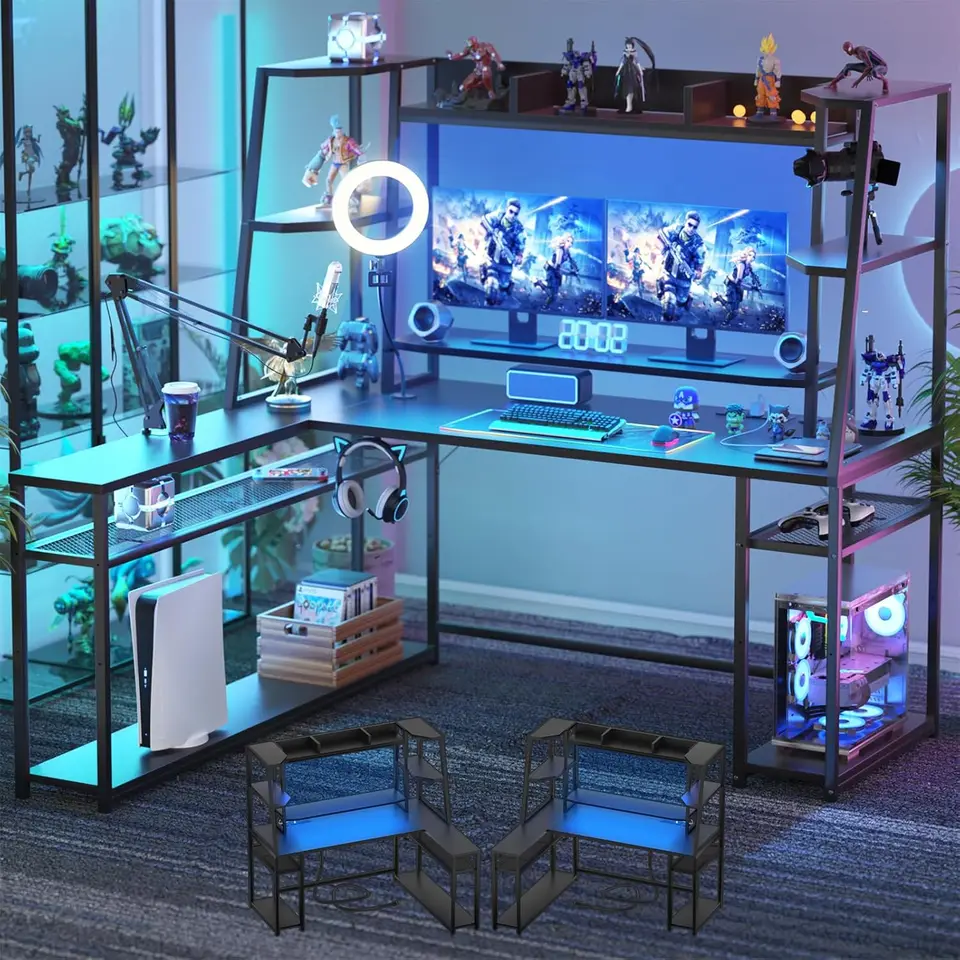 ArmOcity 63 '' v tvare herného stola s LED svetlami a napájacími prúžkami, L Desk For Gaming s monitorovým stojanom s úložnými policami