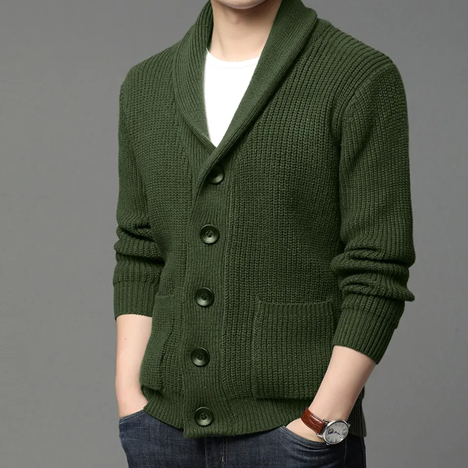 Army Green Cardigan Men gombíkový sveter Jeseň Zimná pletená kabát hrubý teplý náhodný ležérny pevný módny módny odev