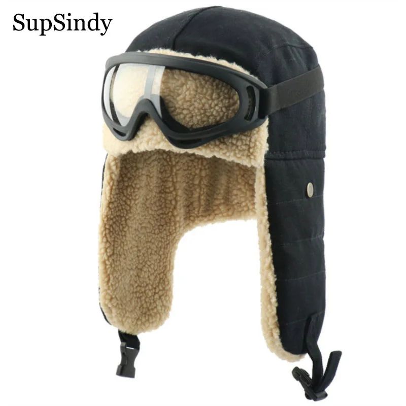 Armáda Supsindy Army Military Ushanka Muži a ženy Windproof Winter Bomber Bomber s klobúkom s teplým jahňacím vlnom Pilot pilot uší pasca Snow Snow