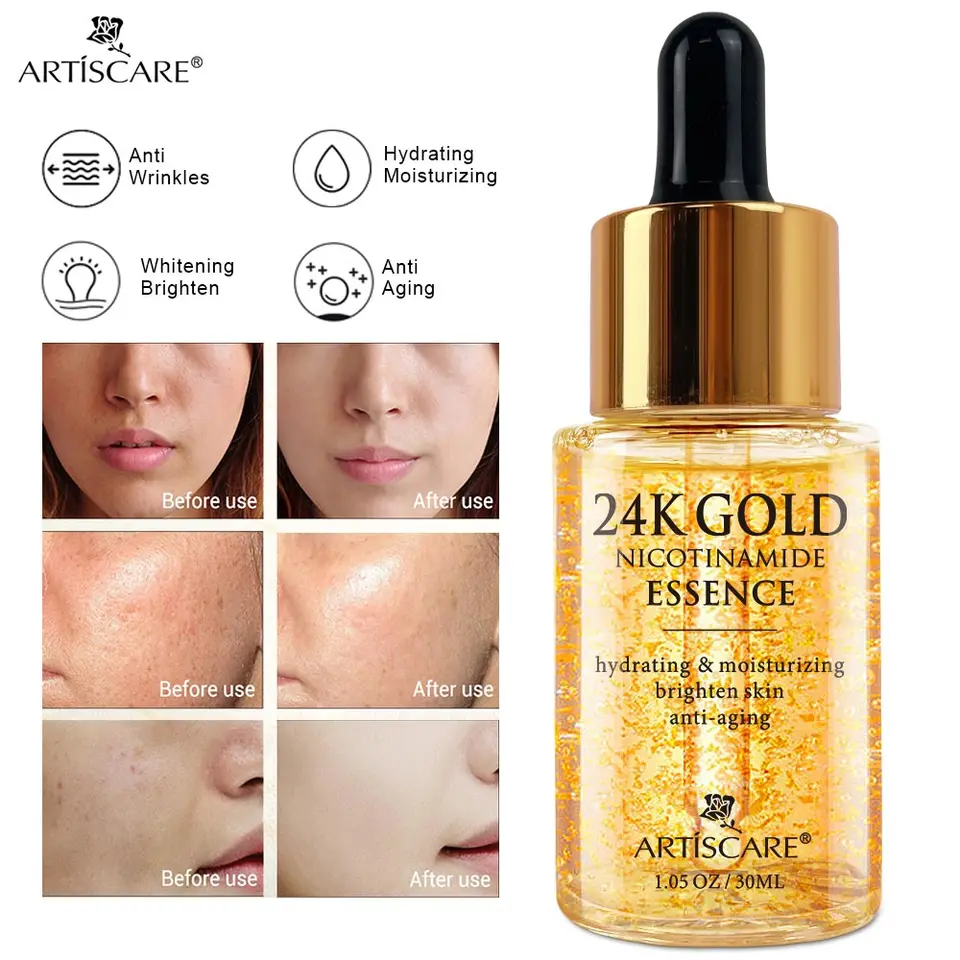 Artiscare 24k Zlato niacinamid tvár Esence 30 ml zvlhčujúci vyhladenie kyseliny hyalurónovej sérum Zmršťuje póry suchú pokožku