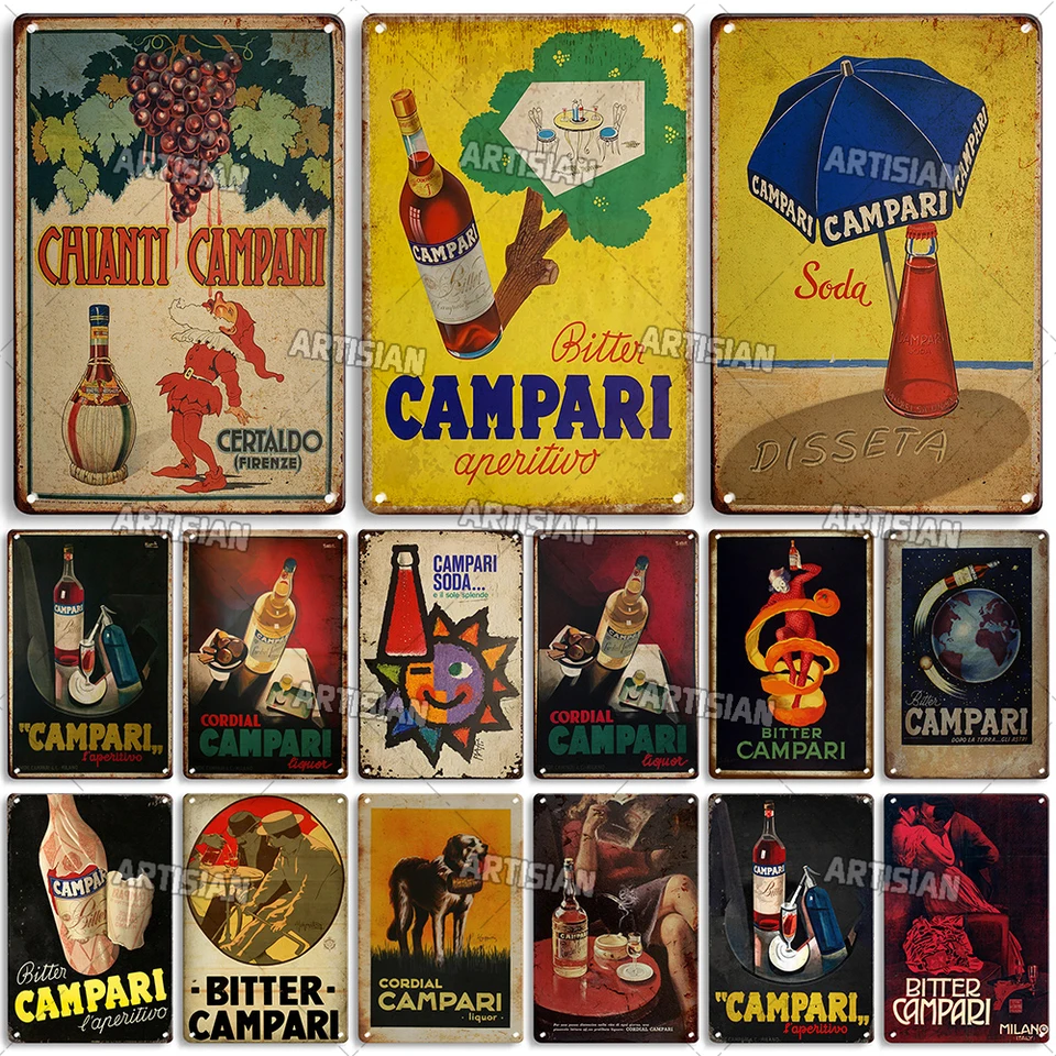 Artisian Vintage Campari Dekoratívny plagát Klasický kovový plech