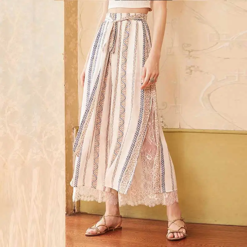 Artka 2018 Jeseň Nové ženy Loose Lace Stitching Printed High Wauist Strana štiepka šírky šírky nohavíc KA15082X