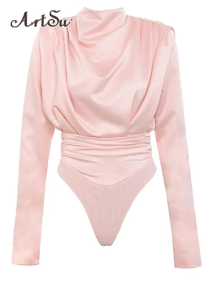 Artsu elegantná saténová ružová blúzka s dlhým rukávom BodySuits Tops Women 2020 Spring New Romper Mujer Ladies roztomilé košele ASJU60703