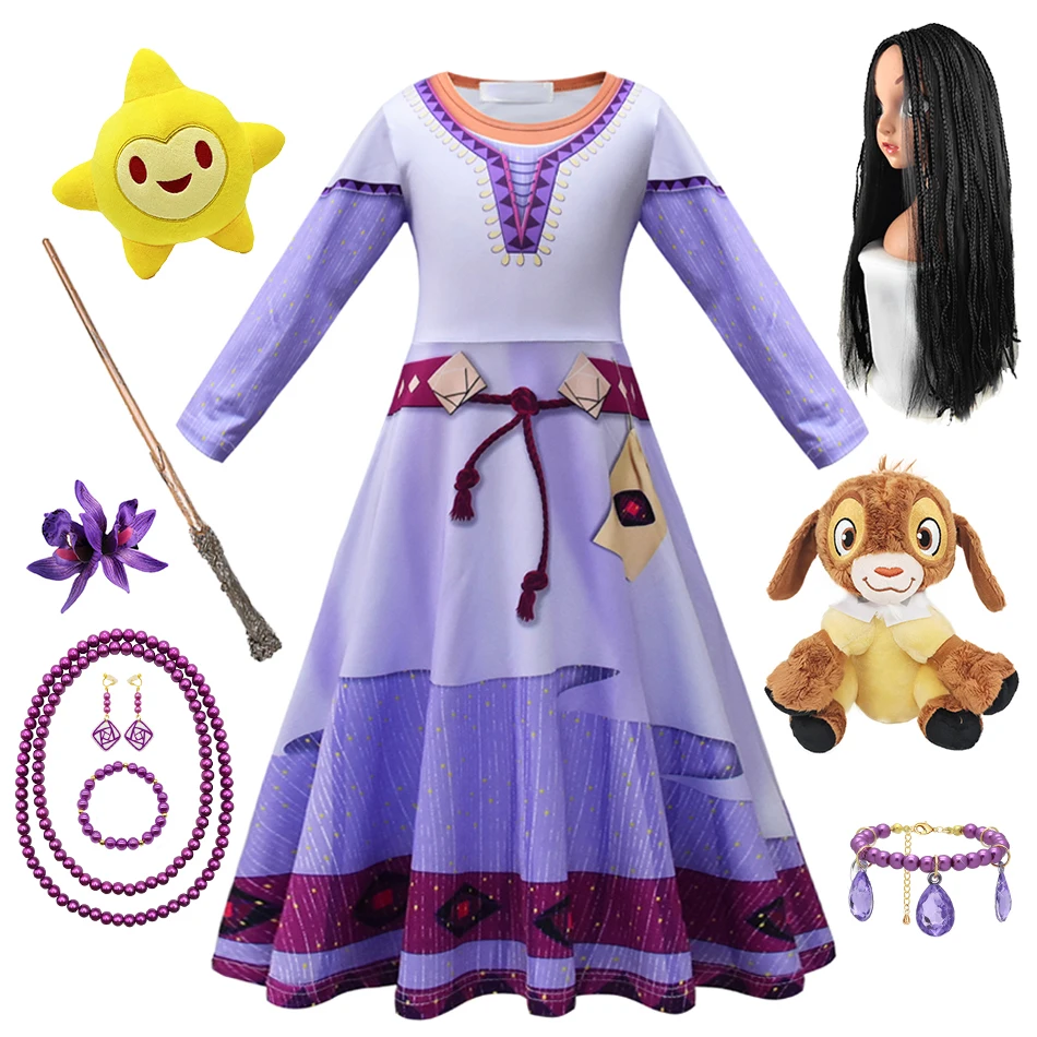 Asha Cosplay princezná šaty dievča Halloween Karneval kostým si želá rolu hrať outfit k narodeninám darček k narodeninám Darček pre deti tlač