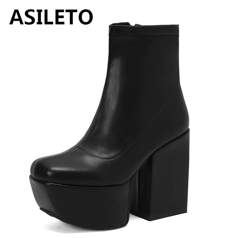 ASILLETO PATTENSKÁ KOŽNOSŤ ŽENY Členské topánky Square Toe Toe Chunky Heels 12cm Platform Hill Zipper plus veľkosť 46 47 48 Sexy zoznamka Bota