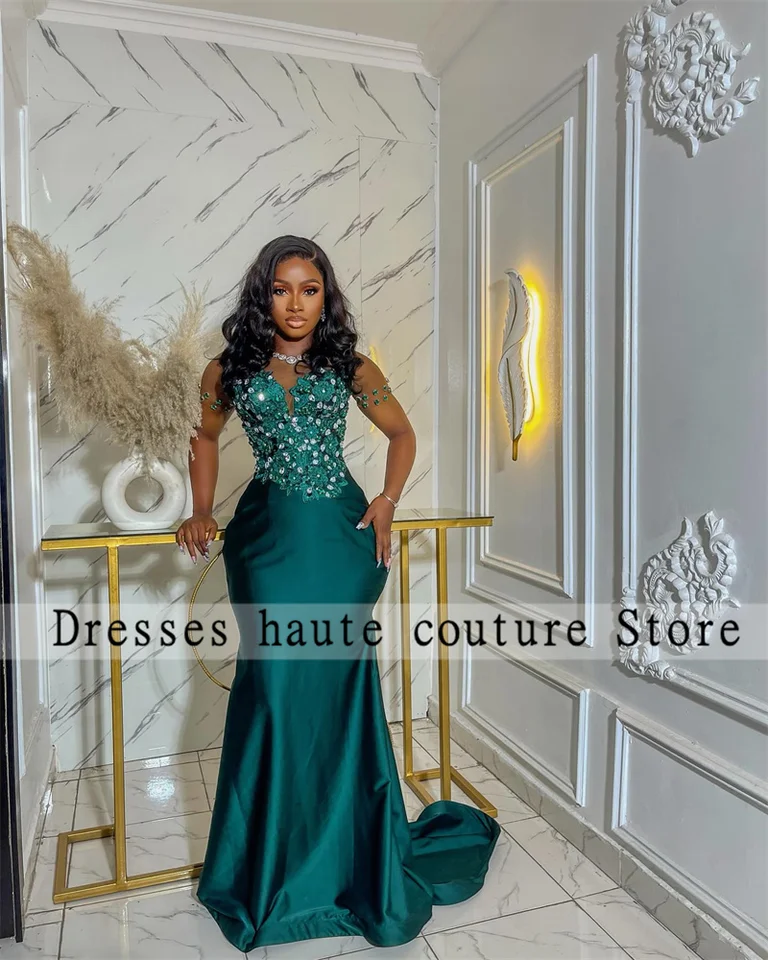 ASO EBI Emerald Green Lace Appliques Morská panna večer 2025 Crystal Prispôsobené svadobné šaty narodeninové šaty