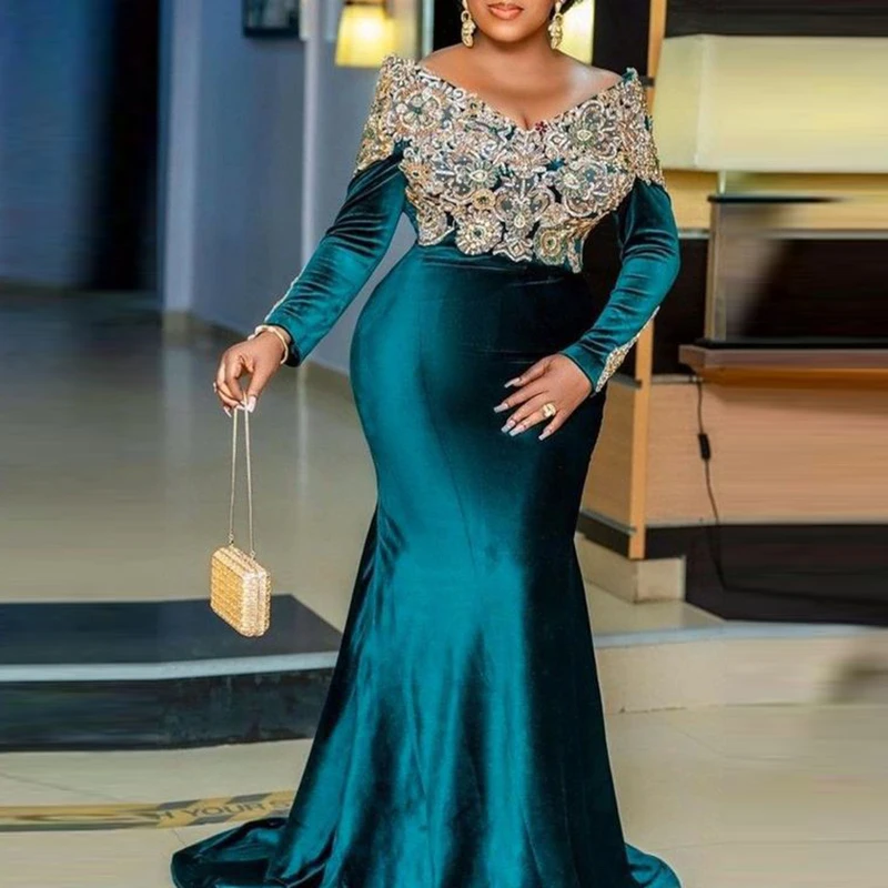 ASO EBI Morská panna Večerné šaty Tmavej zelenej dlhých rukávov čipkované šaty Prom šaty v krku Saudská Arábia formálne šaty šaty