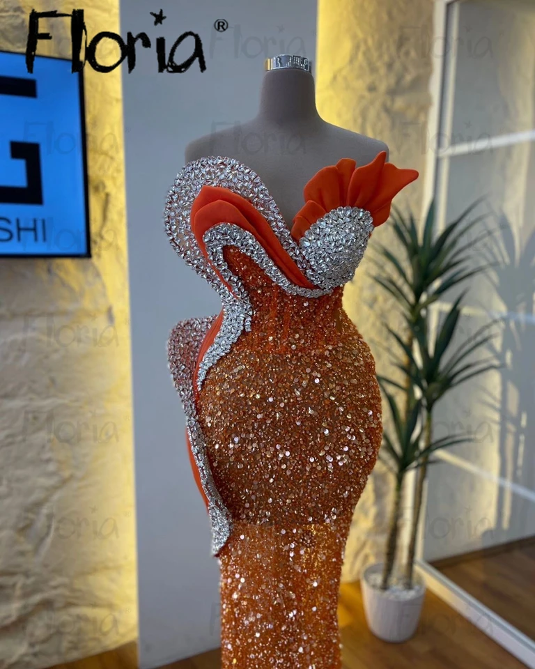Aso ebi oranžové flitre morskej panny šaty pre čierne dievča Vlastné zlatíčko s rukávmi bez rukávov ilúzia kokteily kokteily dámske príležitosti