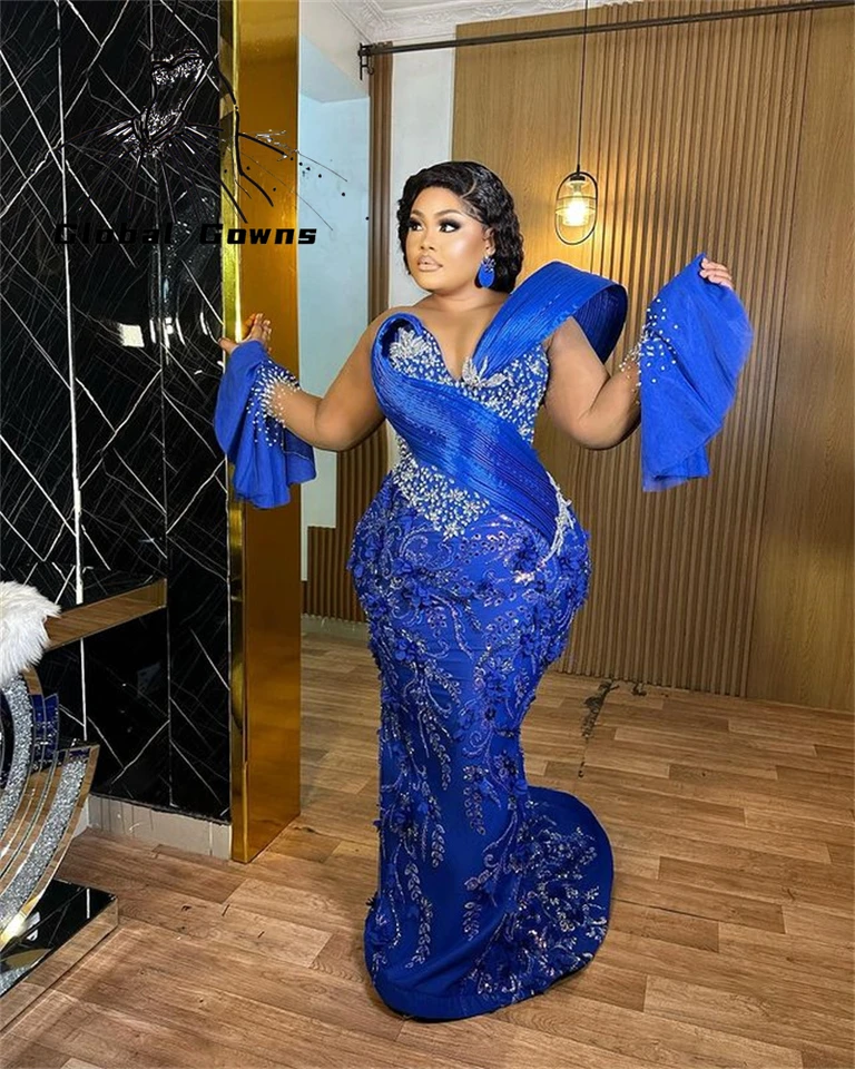 Aso Ebi Royal Blue On Evening Dress Black Girl Bead Crystal Birthday Party Šaty luxusné kvetinové svadobné plesové šaty prispôsobené
