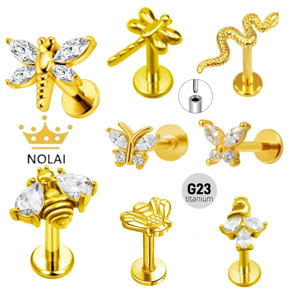 ASTM F136 G23 Titanium Butterfly Bee bez závitu Piercing Pin Push In Lip Stud Daith Conch