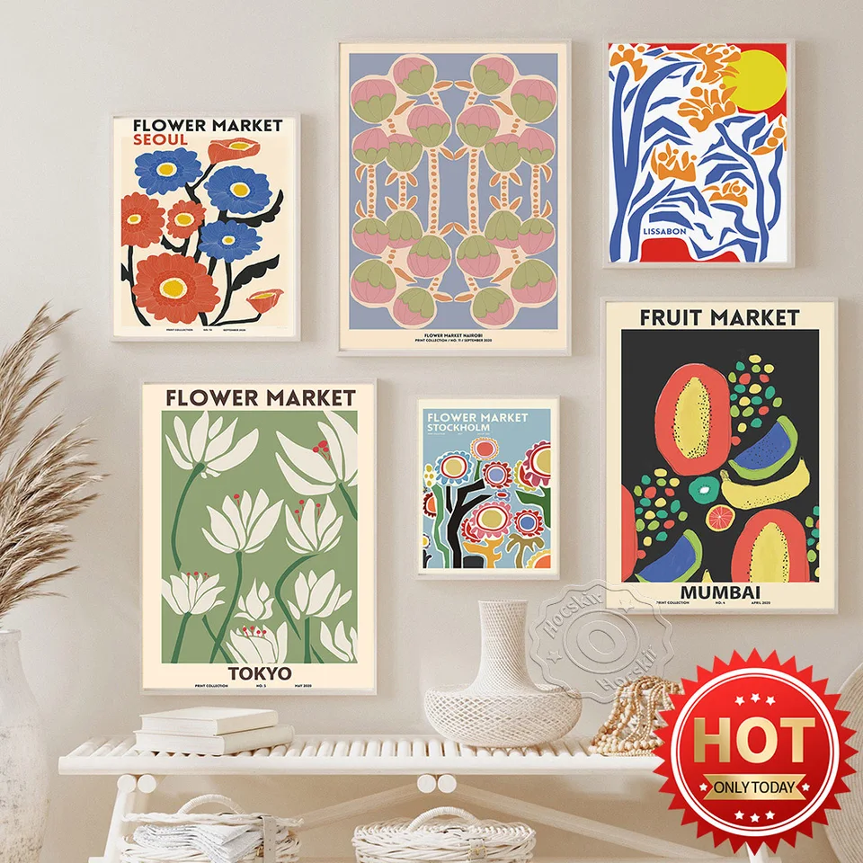 Astrid Wilson Flower Market Series Grafika plagát, Lissabon Tokyo Soul kvetinové nálepky na kvetinách, nástenná maľba ovocného trhu v Bombaj