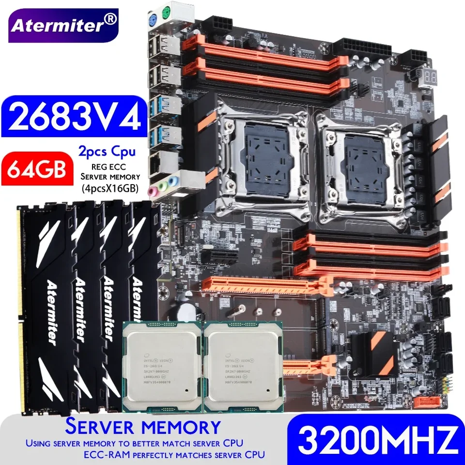 Atermiter Dual X99 Základná doska s 2011-3 Xeon E5 2683 V4*2 s 4ks x 16 GB = 64 GB DDR4 3200MHz Reg ECC Memory Combo Kit