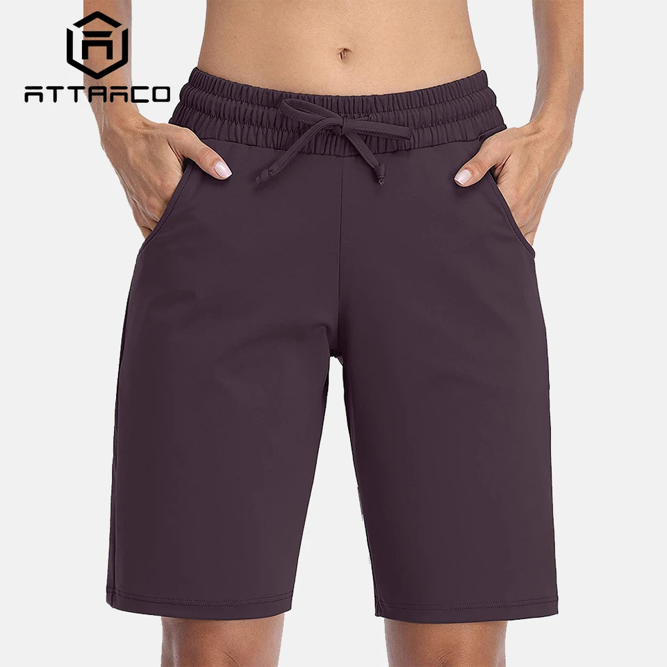 Atraco Women Yoga Shorts Fo-Fitting Pevná farba s nohavicami elastickým stredným pásom s vreckami piata nohavičky