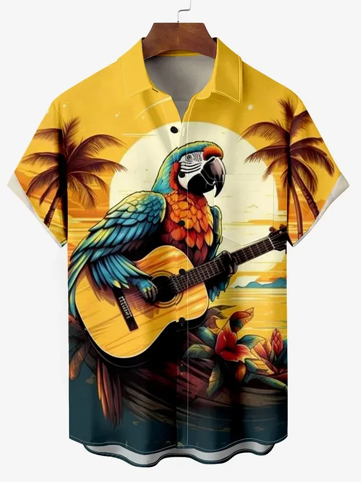 Atraktívne papagájové pánske gitarové havajské košele 3D tlač Pánske letné voľné pláž nadmerne nadmerne s krátkym rukávom top mužské košele pre chlapca