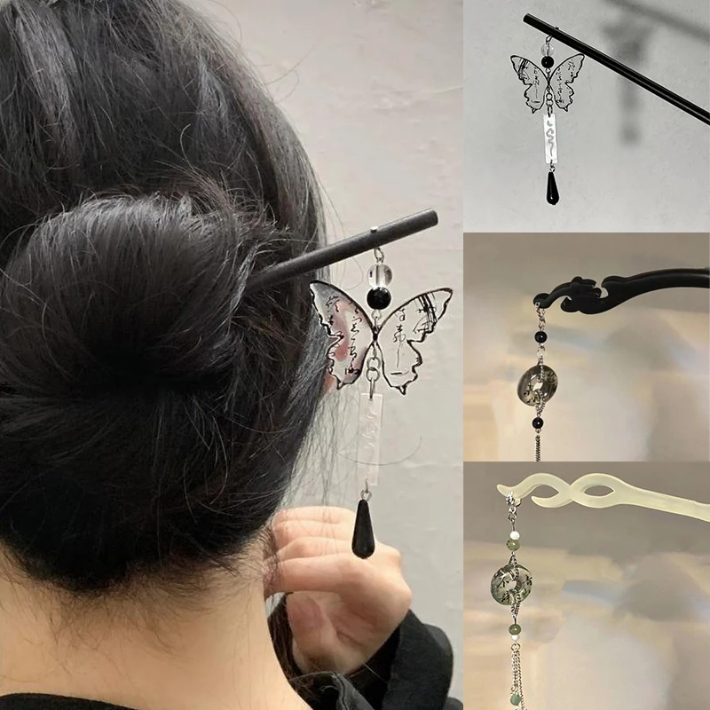 Atramentový motýľ kaligrafia bezpečné spona vlásenky Staroveká čínska tradičná kultúra Produkt vlasová palica Hanfu Glazing Hair Clip