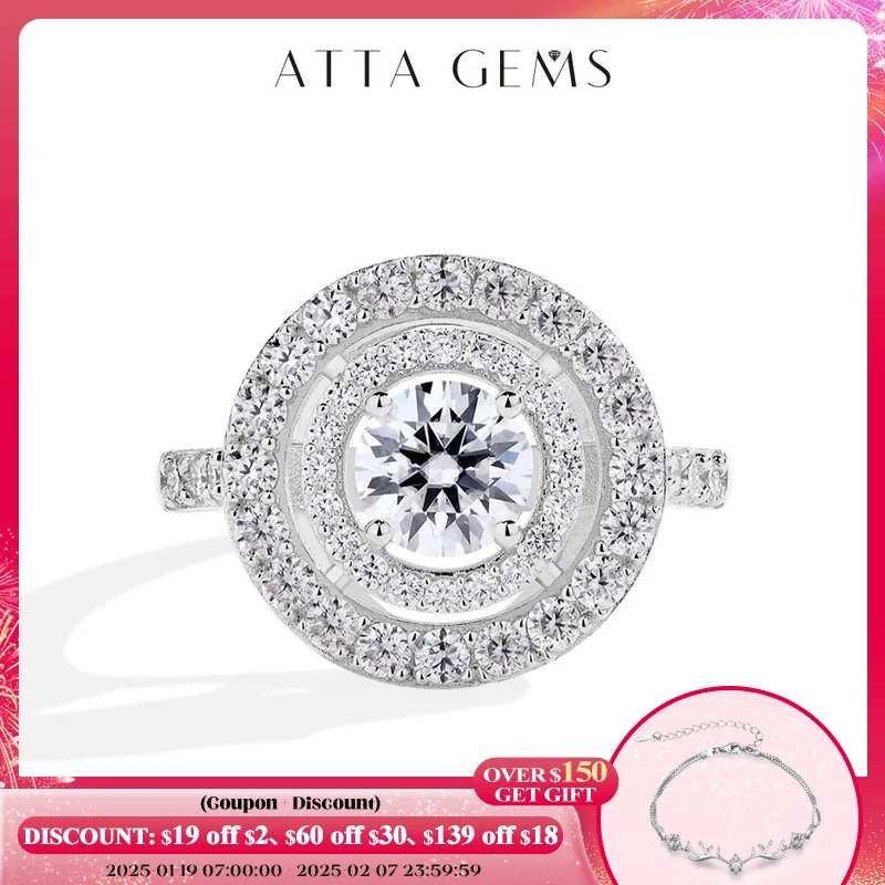 Attagems plná D farba VVS1 luxusný moissanitový prsteň Round Cut 1.0ct S925 Sterling Silver Engagement Svadobné šperky darček pre ženy