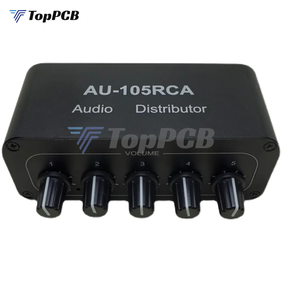 AU-105RCA Audio Distribútor DC 12V 1 Vstup 5 VÝSTUP AUDIO MIXER SOUND DISTRIBUTOR pre subwoofer reproduktora zosilňovača