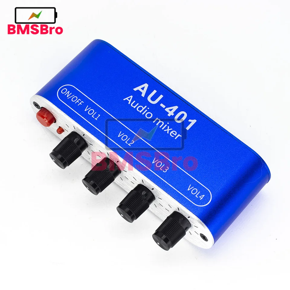 AU-401 DC 5V-12V Stereo Audio Mixer 4 Vstup 1 Výstup individuálne ovláda zvukové miešanie zvuku