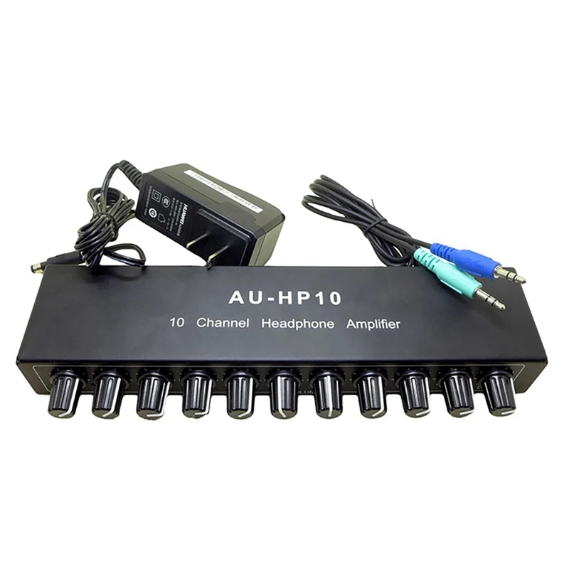 AU-HP10 10 kanálové slúchadlá slúchadla zosilňovača Zosilňovač zvuku DC 12-24V 20Hz-20KHz 12DB 16-600OHM 3,5 mm Jack US zástrčka