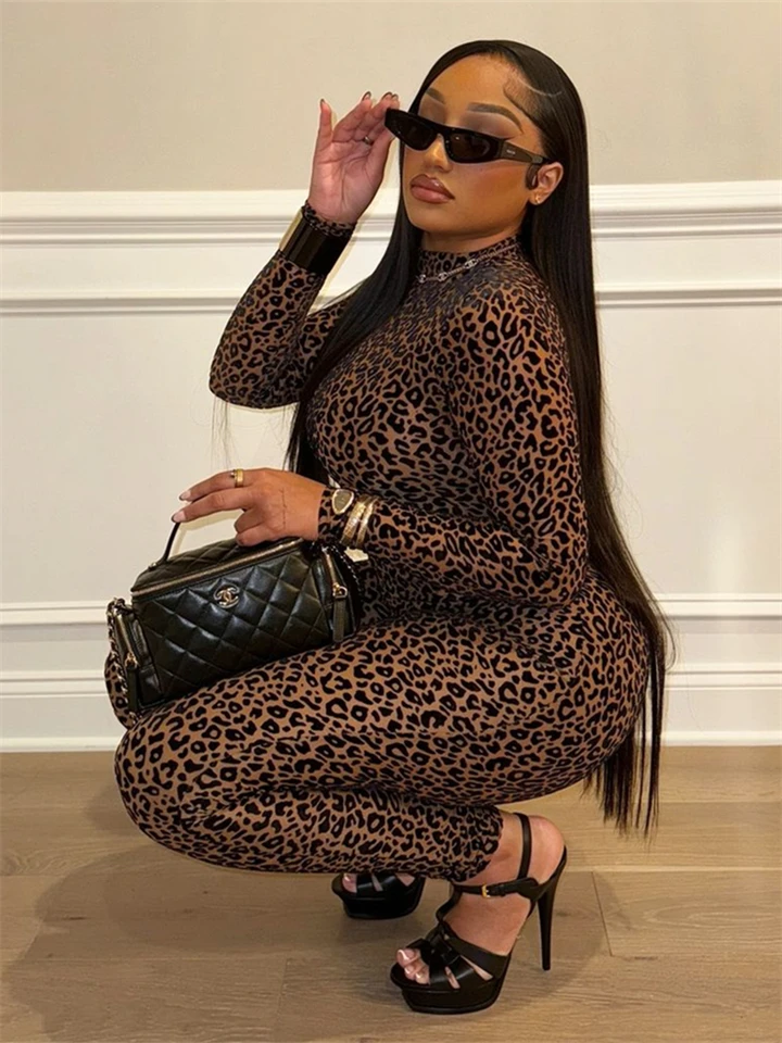 Aualay jesenný trend Leopard Flocking Skinny Shipsuit Sexy Night Clubwear pre ženy 2024 dlhý rukáv Vidíte cez jeden kus Romper
