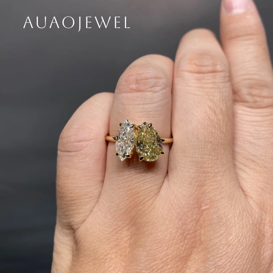 Auaojewel 2.4carat Hruška žltý moissanitový prsteň 1,4ct marquise Sterling Silver 925 Rings pre ženy 18k skutočné zlaté šperky s gramom