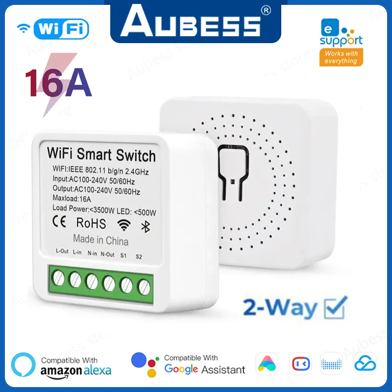 Aubess 16a E Welink Smart Switch Smart Home Relay Modul podporuje dvojcestné riadenie Mini WiFi Light Switch Pracovať cez Alexa Google Home