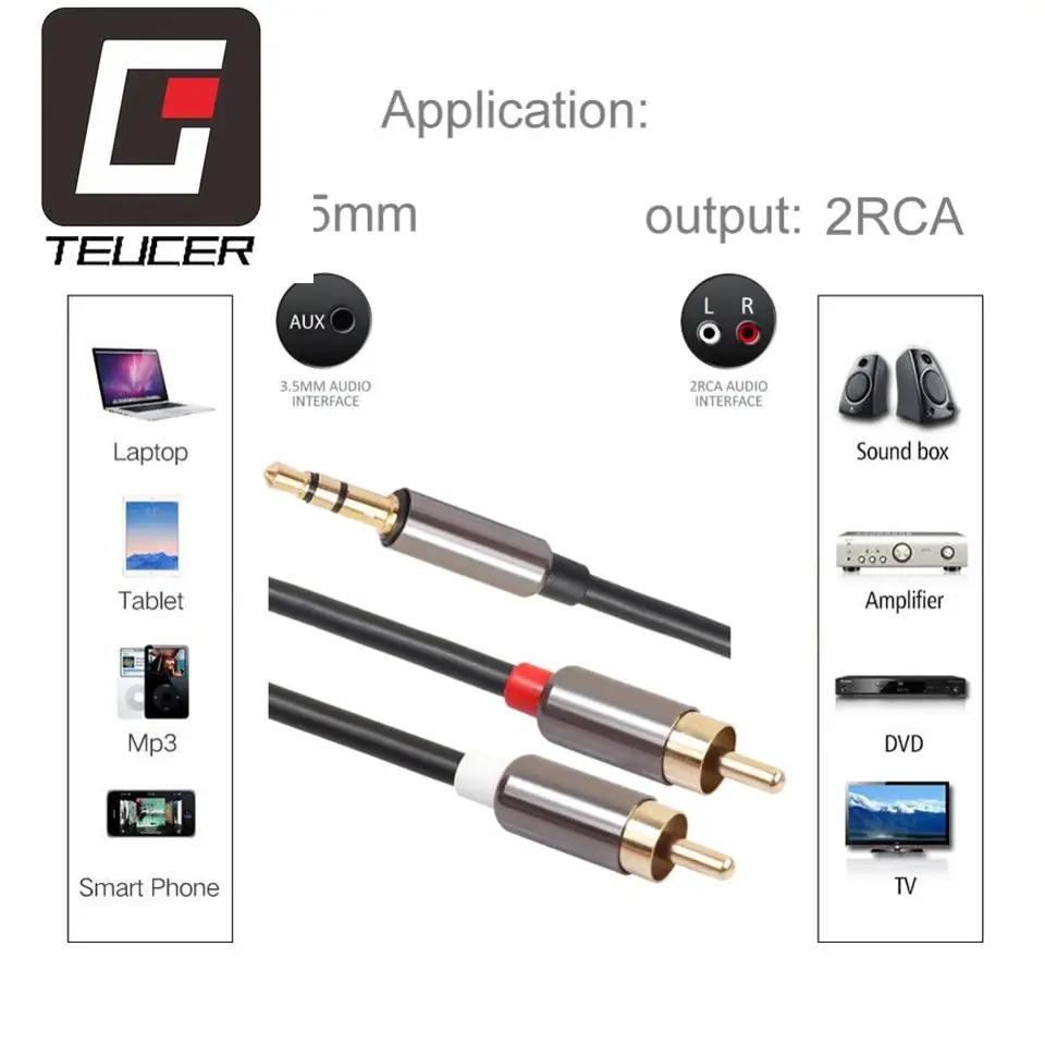 Audio stereo y splitter kábel kovový konektor kovového puzdra 3,5 mm muž na 2RCA mužský kábel pre tablet PC MP3 prehrávač