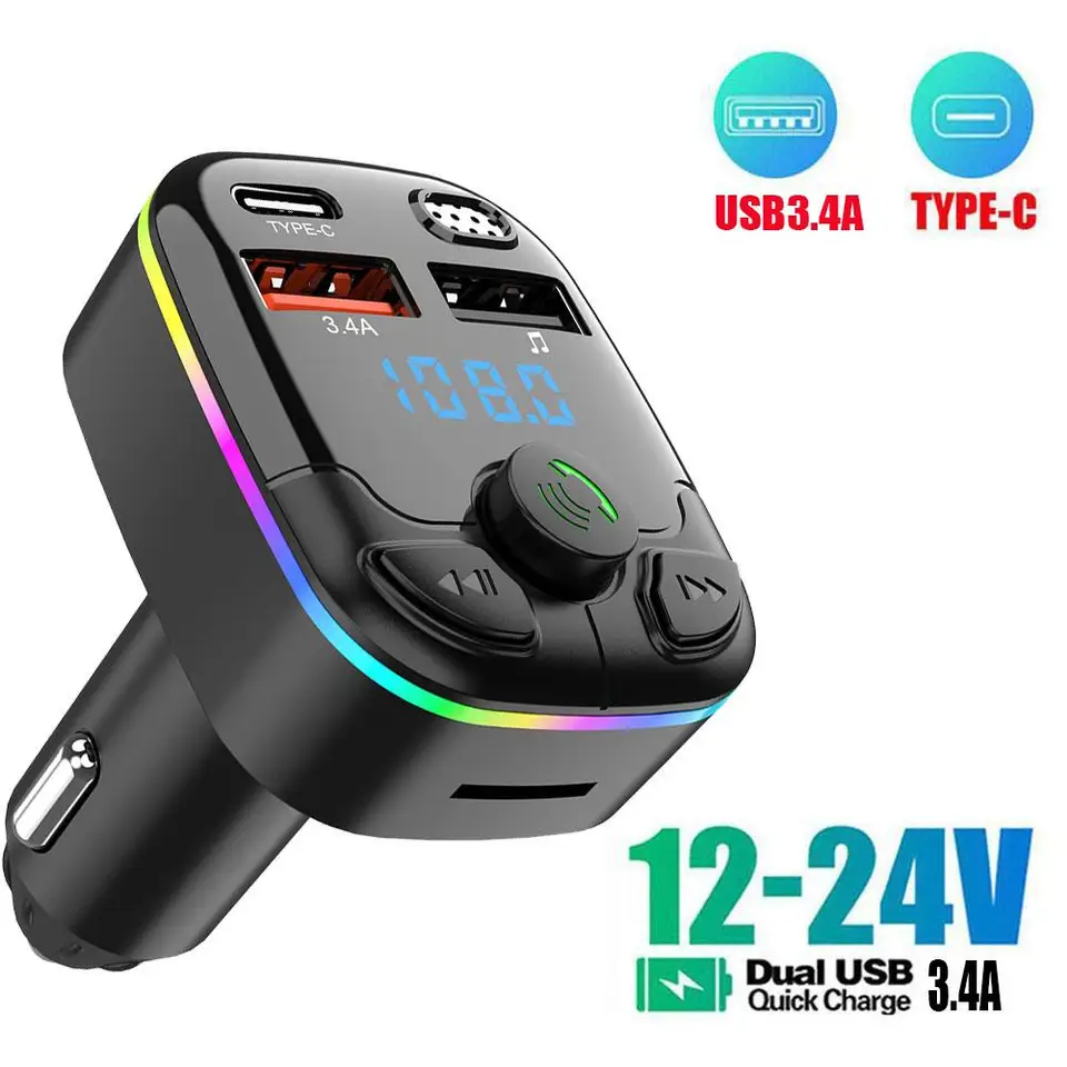 Auta Bluetooth 5.0 FM vysielač PD Type-C Dual USB 3.1A Rýchla nabíjačka Farebné okolité Light Handsfree MP3 Modulátor Player C9