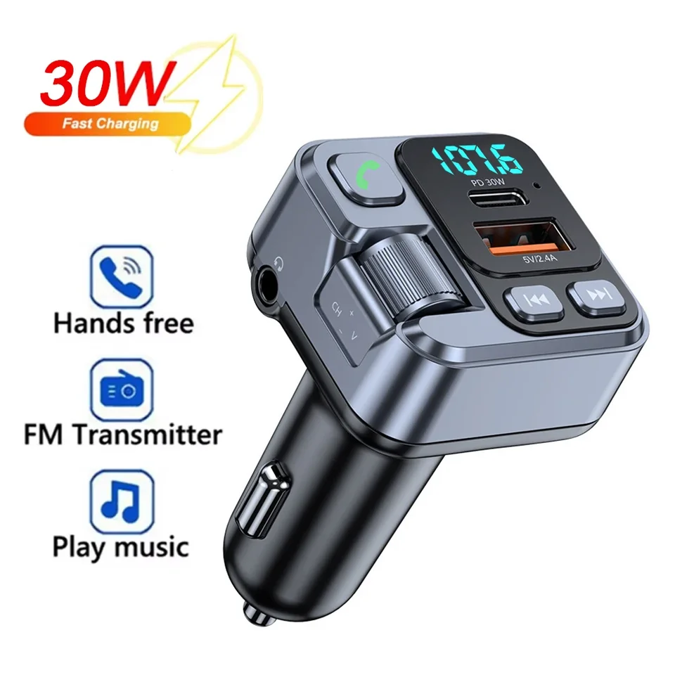 Auta Bluetooth 5.1 FM vysielač PD 30W Typ C USB port rýchla nabíjačka Handsfree Calling Hudobný prehrávač 3,5 mm