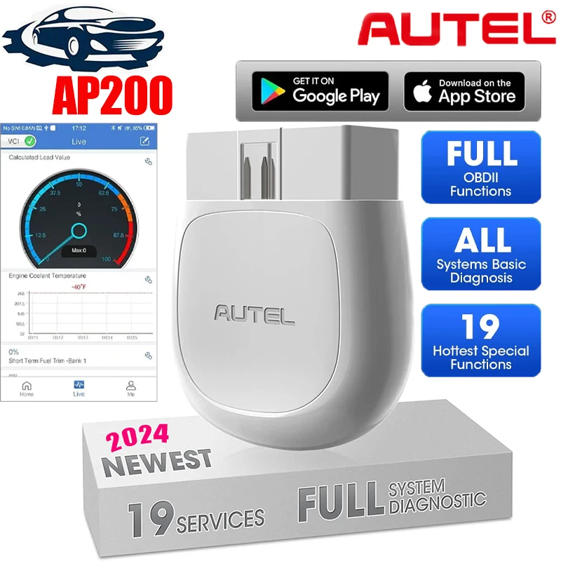 Autel Maxiap AP200 OBD2 Scanner Bluetooth bezdrôtový diagnostický nástroj OBDII s úplnou diagnostikou systému, 19 funkcií resetovania