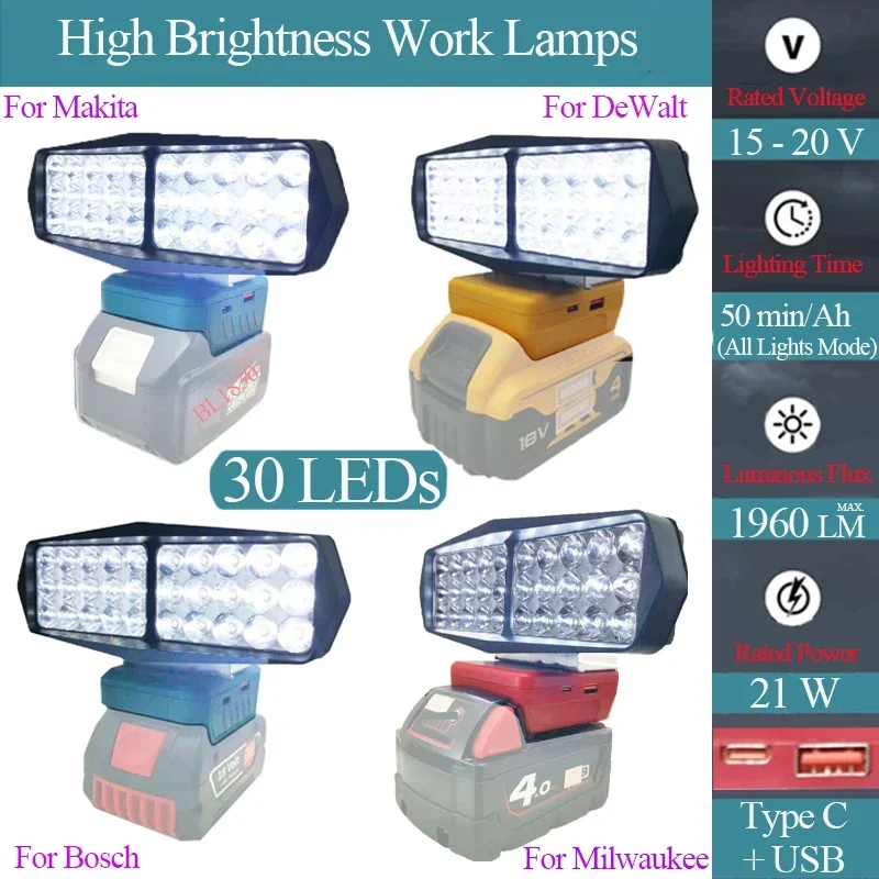 Auto 30 LED pracovná lampa Light Svetlo baterky Typ USB Power banka pre Makita pre Dewalt pre Bosch pre Milwaukee 18V batériu