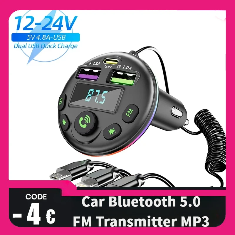 Auto Bluetooth 5.0 FM vysielač MP3 Modulátor prehrávač Handfree Audio Audio s 3 v 1 nabíjací kábel pre iPhone Huawei Xiaomi