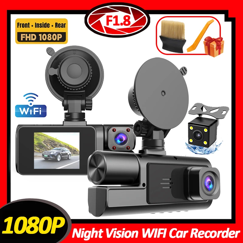 Auto DVR WiFi Dash Cam pre autá Camera Camera 3 kanál 1080p Video rekordér Zadný výhľad fotoaparátu pre vozidlo Čierna skrinka na vozidlo