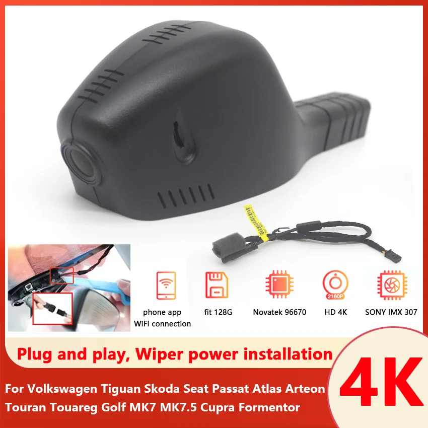 Auto DVR wifi Uhd 4k Dash Cam pre Volkswagen Tiguan Skoda sedadlo Passat Atlas Arteon Touran Touareg Golf Mk7 Mk7.5 Cupra Formentor