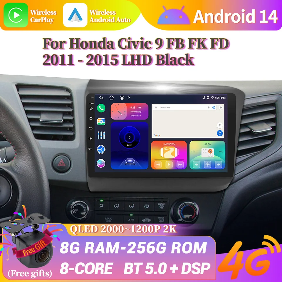 AUTO RÁDIO Android 14 pre Honda Civic 9 FB FK FD 2011-2015 Čierna ľavá ruka Multimediálna bezdrôtová bezdrôtová dotyková obrazovka Stereo