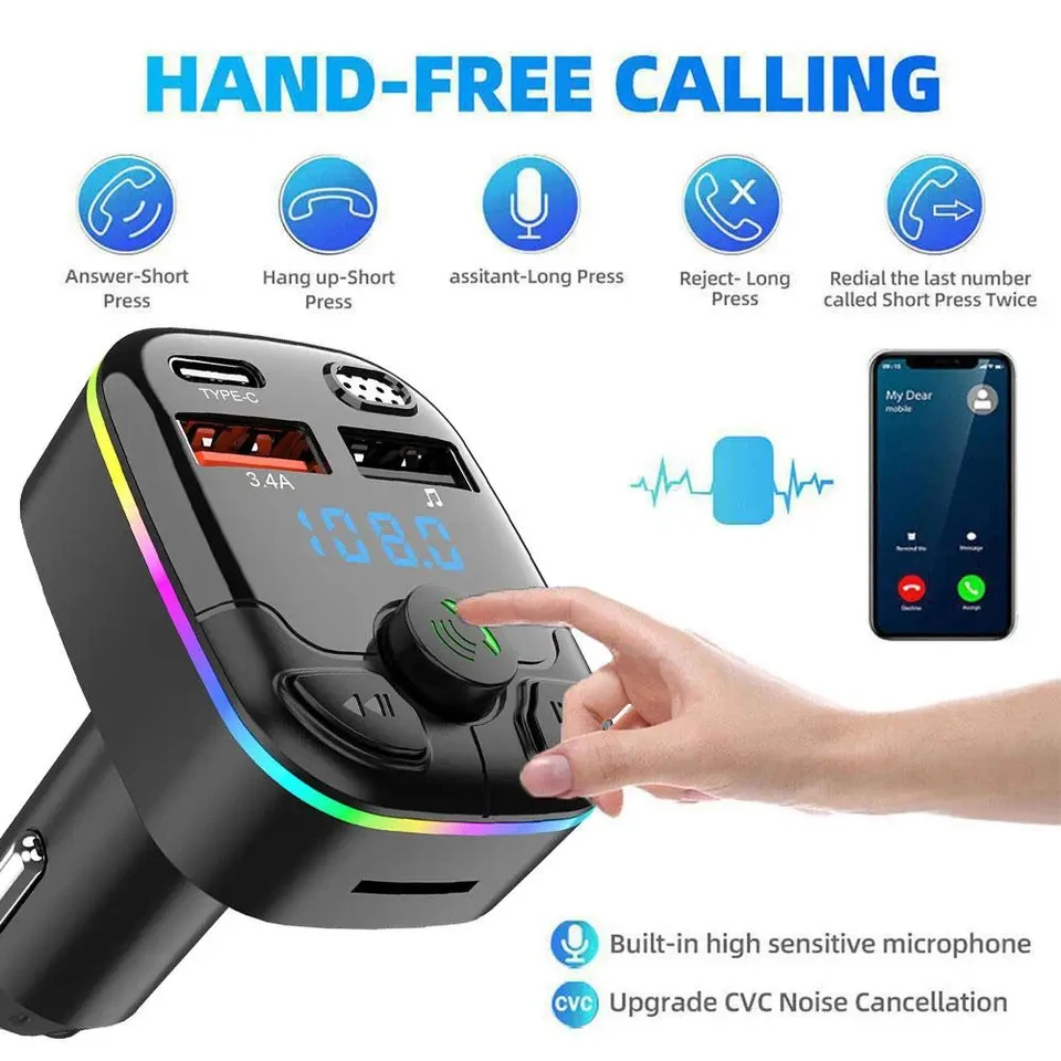 Auto rýchla nabíjačka bezdrôtové bezdrôtové auto s automobilom hudobný adaptér Bluetooth kompatibilný 5.0 farebné okolité svetlo zvukové mp3 prehrávač