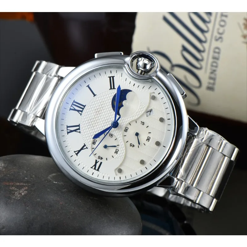 Automatické hodinky Men Luxusné hodinky Chronograf Balón Series Calendar Moon Moon Fáza strieborné kovové remienky Mechanické hodinky pre mužov