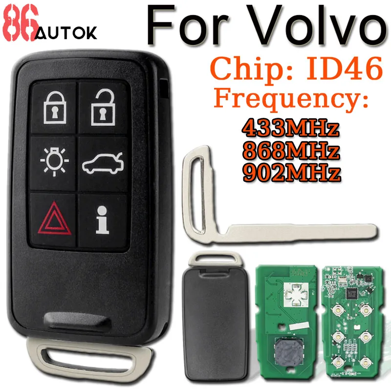Automatické vzdialené inteligentné kľúčové kľúče 433/868/902 MHz pre Volvo S90 S60 XC60 XC90 2009-2014 ID46 2009-2014 KR55WK49266 KR55WK49224