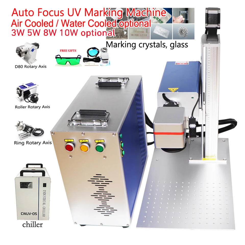 Automatické zaostrenie rozdelené UV laserové sklenené kryštály drevené papierové papierové označenie stroja GRABRIEKA 5W 3W 8W 10W Voda chladené vzduchové chladenie voliteľné
