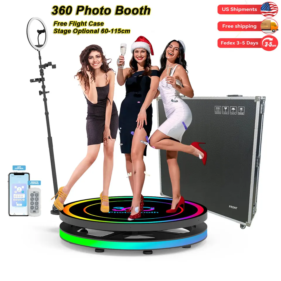 Automatický 360 fotografických stánkov s názvom Camera Camera Video Spinner s RGB Ring Light Flight Case 360 ​​Spin Camera Booth pre večierky