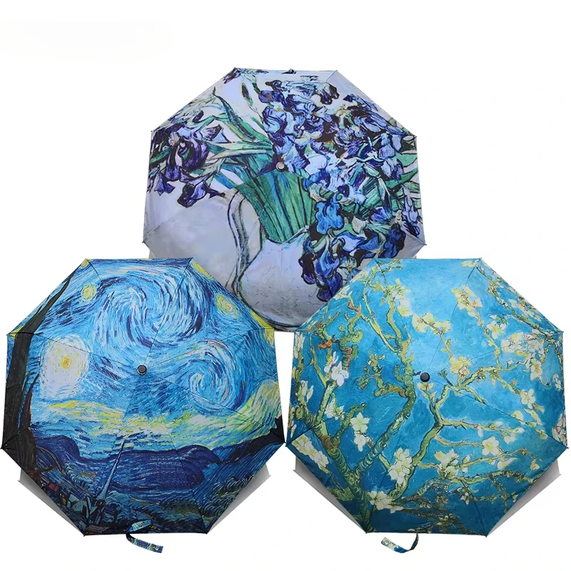 Automatický dáždnik s obsahom olejomaľby Van Gogh Malé čerstvé vinylové dáždniky módne prenosné malé prenosné dáždnik