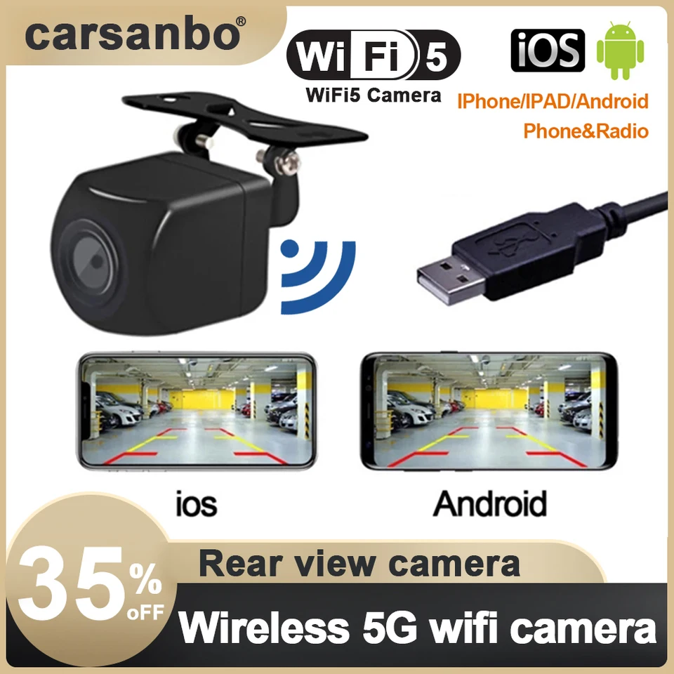 Automobil WiFi5 Camera Wireless CAR Zadný pohľad Zadný pohľad spätný záložný fotoaparát predný pohľad na napájanie USB napájanie 5V bezdrôtovej reverznej kamery