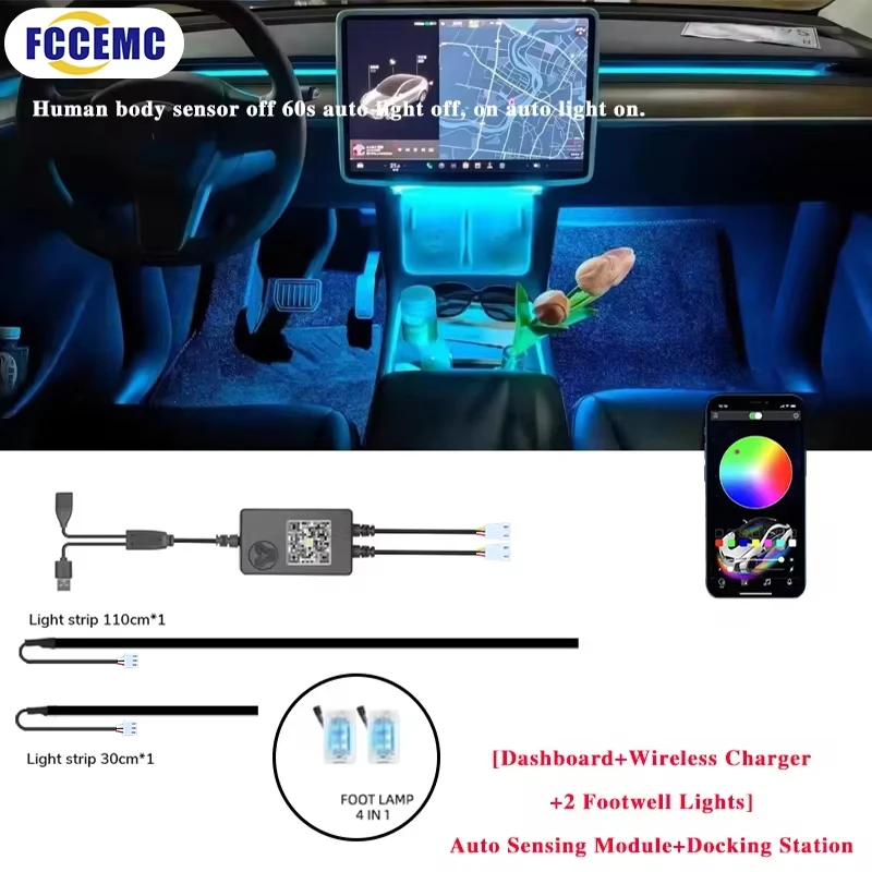 Automobilové okolité svetlo 60 sekúnd Automatické vypnuté modul s rozširovaním USB Dock RGB App Dashboard Lighting for Tesla Model 3 YSX