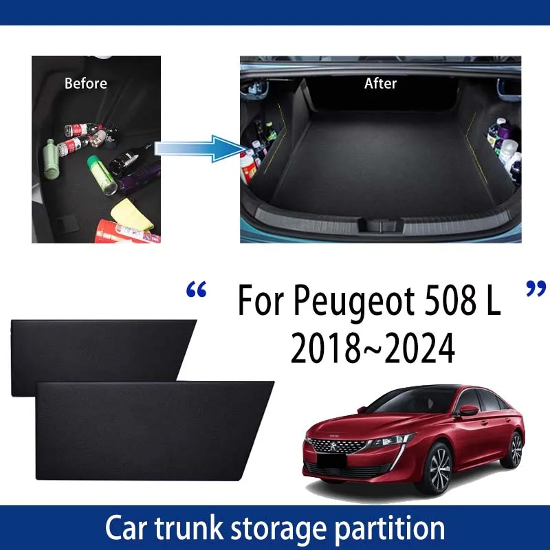 Automobilové príslušenstvo pre Peugeot 508 L 2018 ~ 2024 2020 2021 2022 Kmeňový úložný priestor Multifunkčné skladovacie diely auto interiérové ​​diely