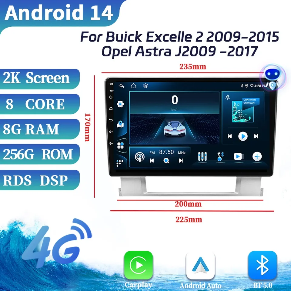 Automobilové rádio pre Buick Excelle 2 2009-2015 Opel Astra J2009 -2017 Automatické stereofónne multimédiá 4G GPS Wireless Apple CarPlay Touch Screen Screen