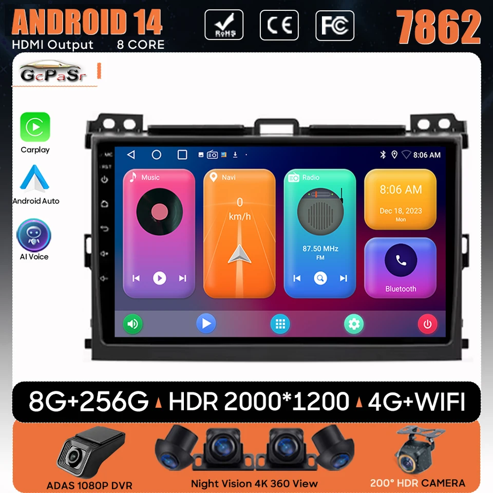 Automobilové rádio pre Toyota Land Cruiser Prado 120 2004 - 2009 Navigation GPS Android Auto CarPlay Multimedia Player Stereo 4G Nie 2Din