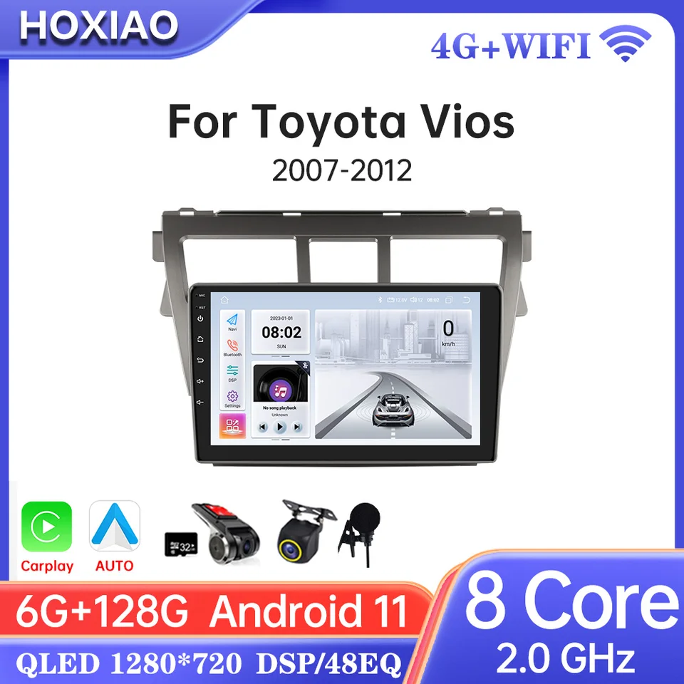 Automobilové rádio pre Toyota Vios Yaris 2007 2008-2012 Wireless CarPlay Android Auto 4G DSP Multimedia GPS Navigation DVR Autorad